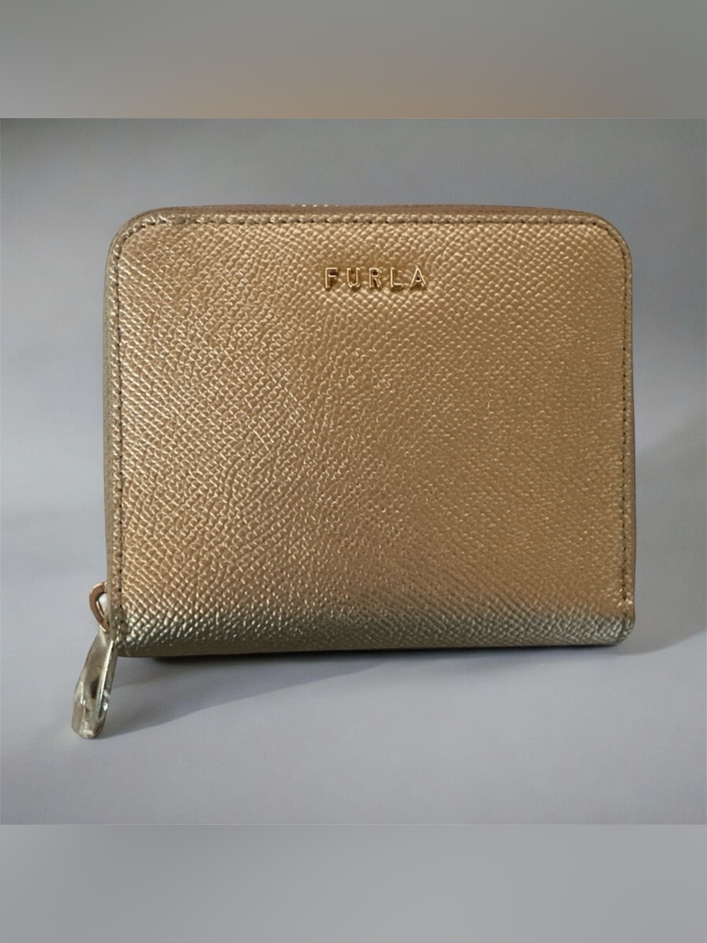 Furla Metallic Gold Saffiano Leather Zip Around Bifold Compact Wallet⁠